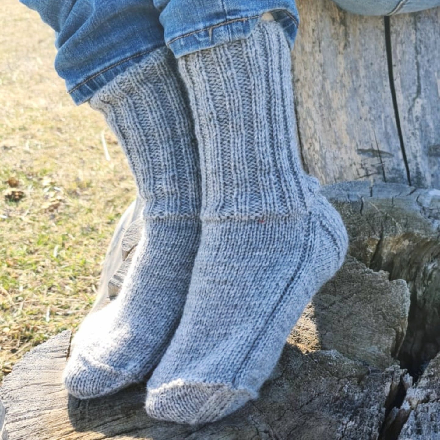 Ribbed gray wool socks, Comfy crew socks for wide feet, Thermal hiking socks