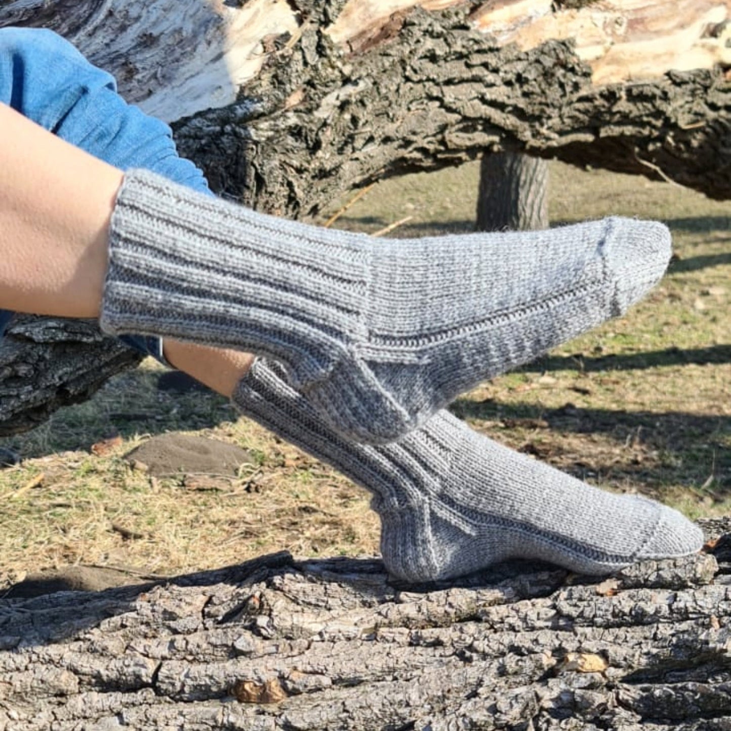 Ribbed gray wool socks, Comfy crew socks for wide feet, Thermal hiking socks