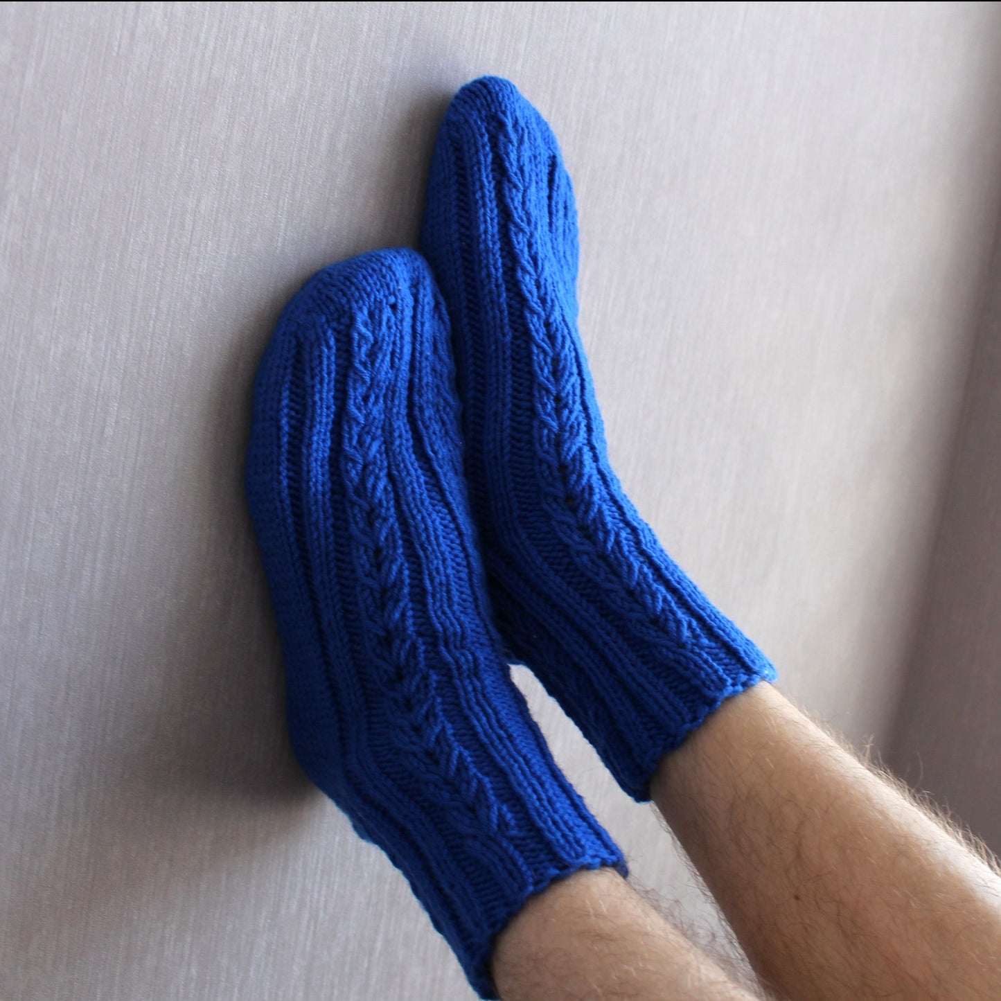 Blue Large Size Socks, Men's Socks for Large Feet, Cable Knit Wool Socks