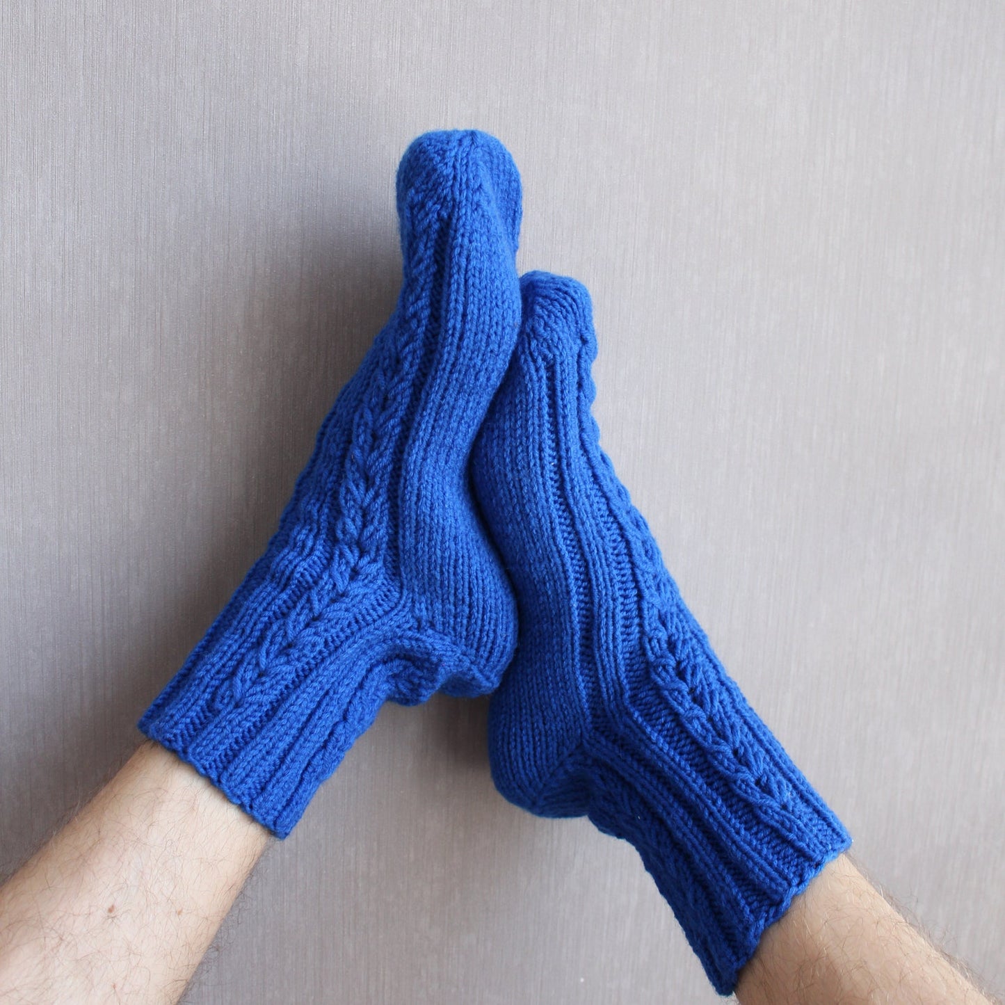 Blue Large Size Socks, Men's Socks for Large Feet, Cable Knit Wool Socks