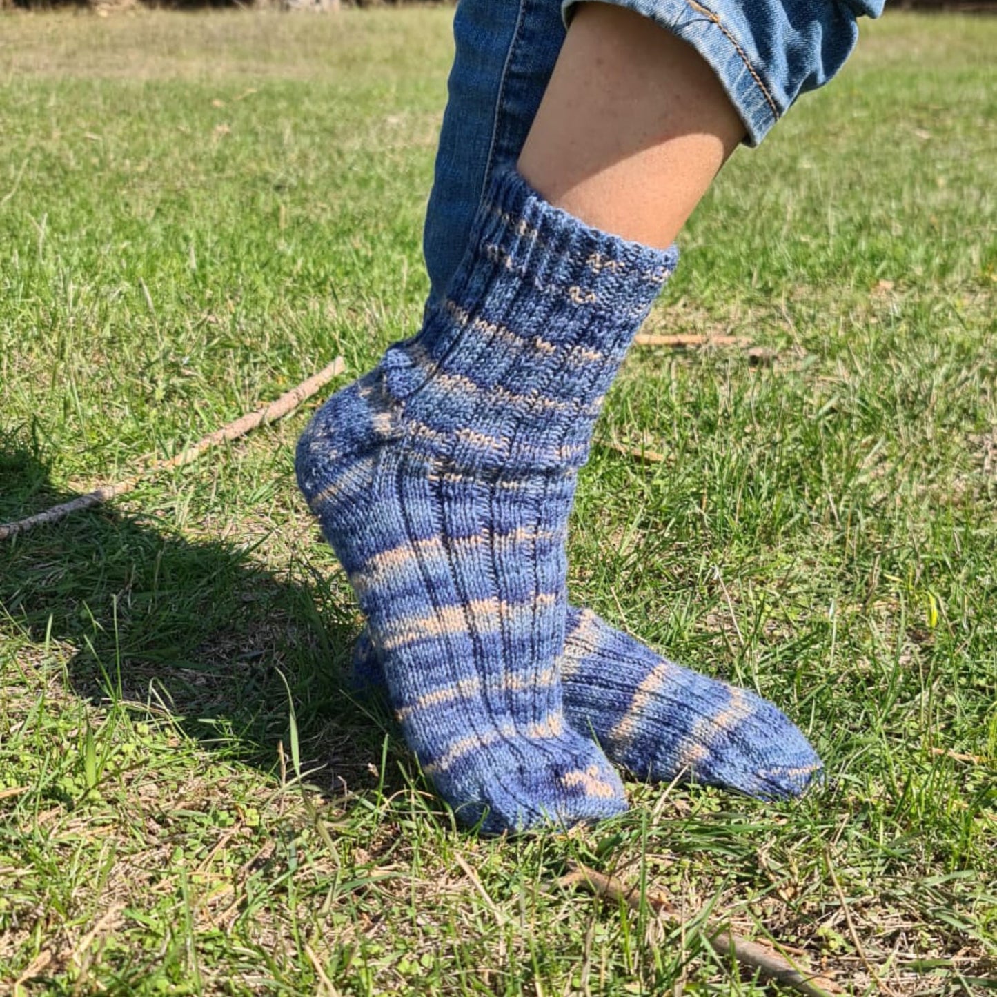 Wool-blend striped blue socks, Warm ribbed quarter socks