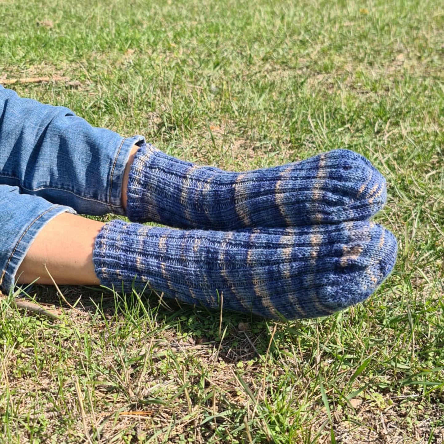 Wool-blend striped blue socks, Warm ribbed quarter socks