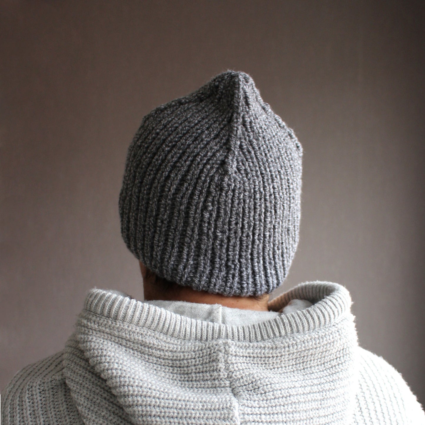 Variegated knit men's winter hat, Gray wool-blend beanie