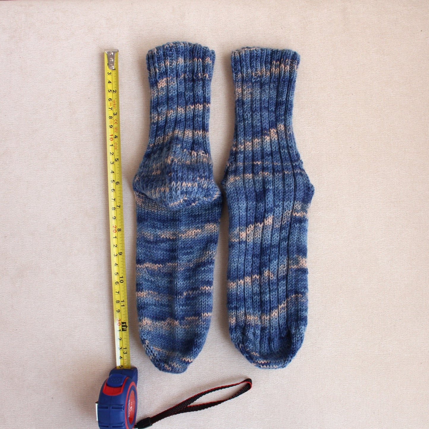 Wool-blend striped blue socks, Warm ribbed quarter socks