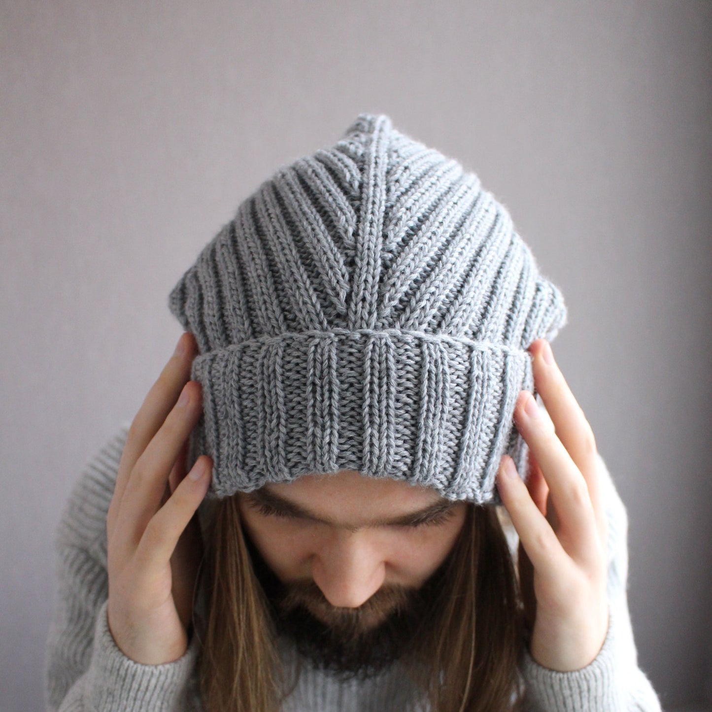 Gray 100% extra-fine merino beanie, Hipster big hair baggy hat