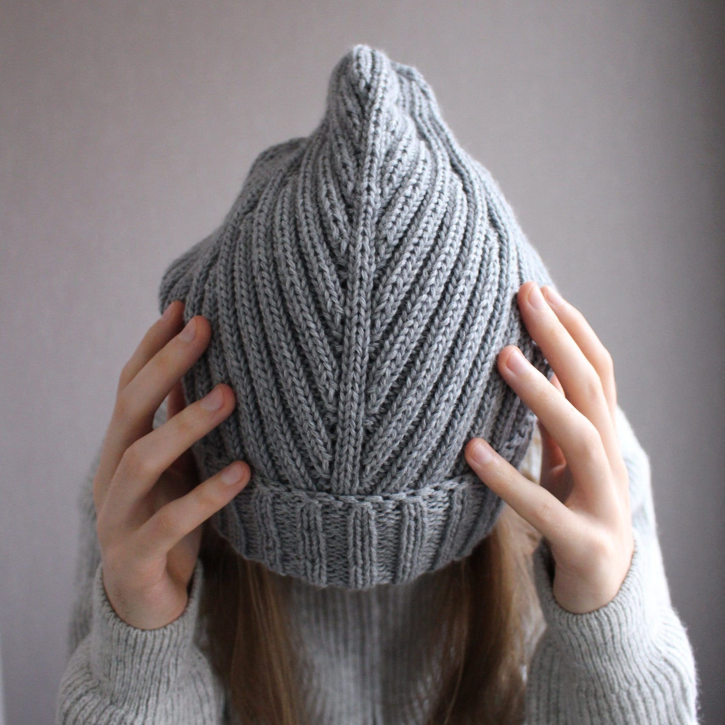 Gray 100% extra-fine merino beanie, Hipster big hair baggy hat