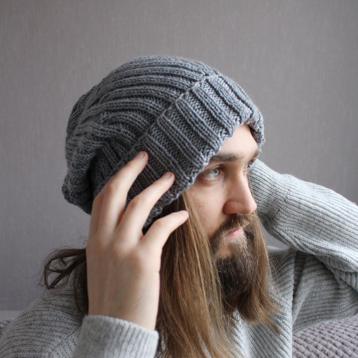 Gray 100% extra-fine merino beanie, Hipster big hair baggy hat