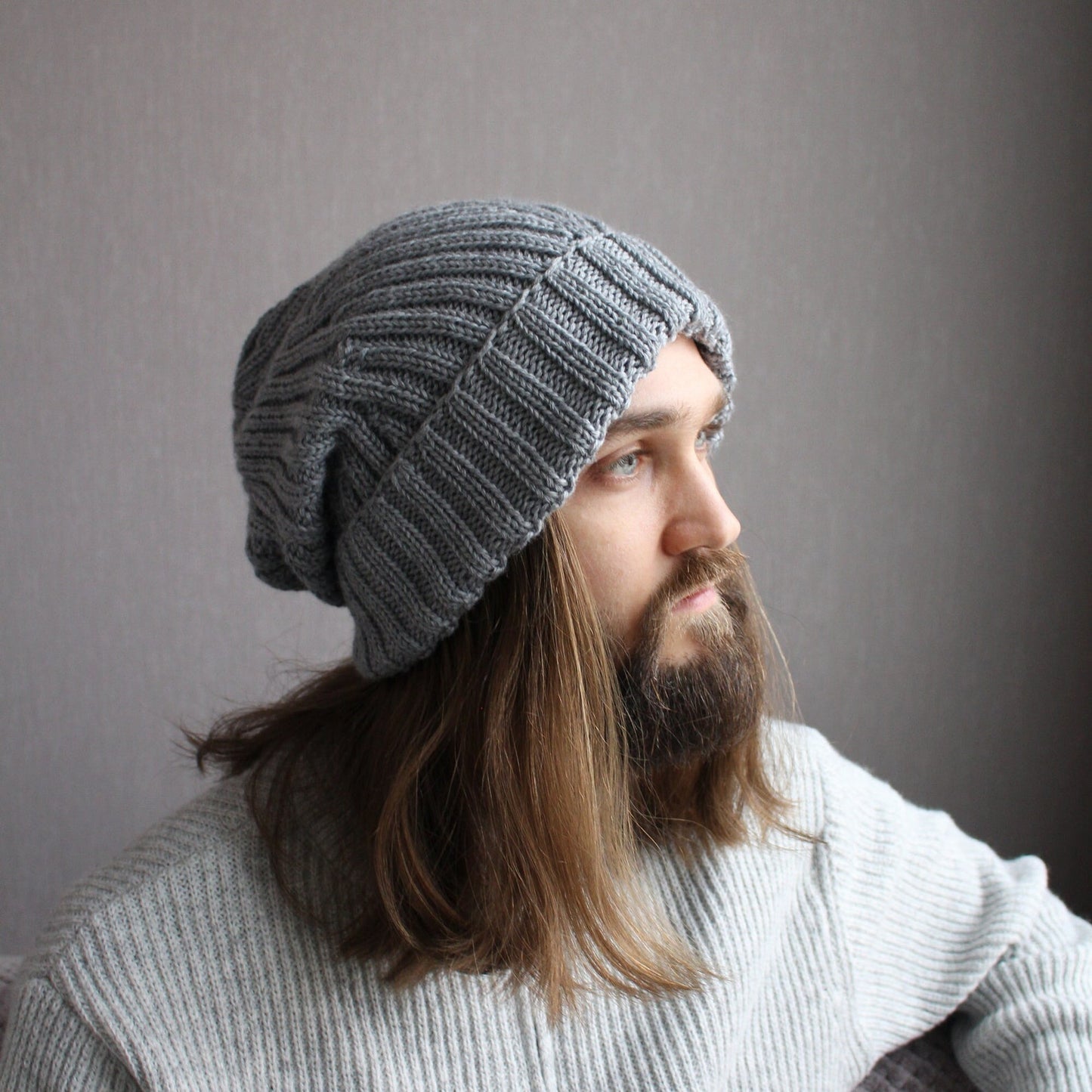 Gray 100% extra-fine merino beanie, Hipster big hair baggy hat