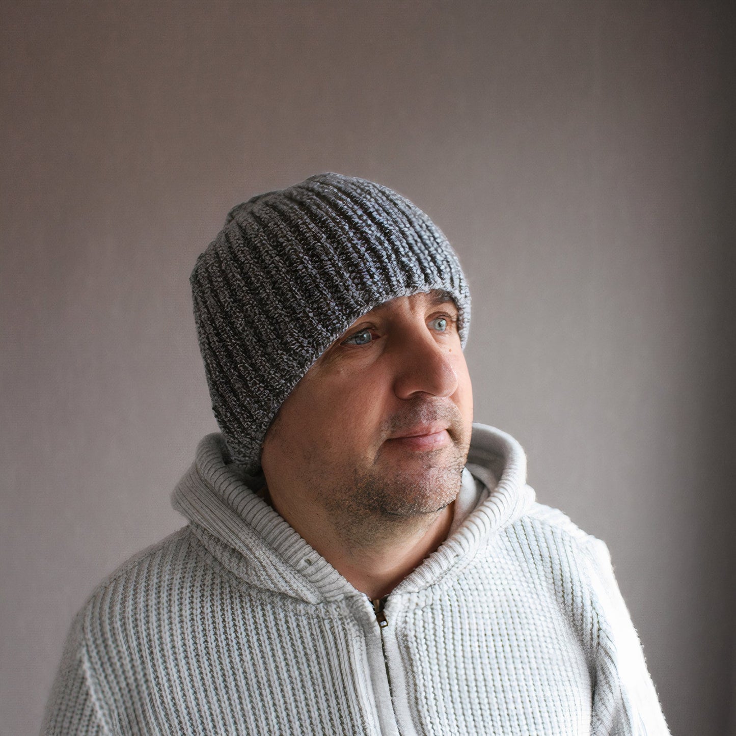 Variegated knit men's winter hat, Gray wool-blend beanie