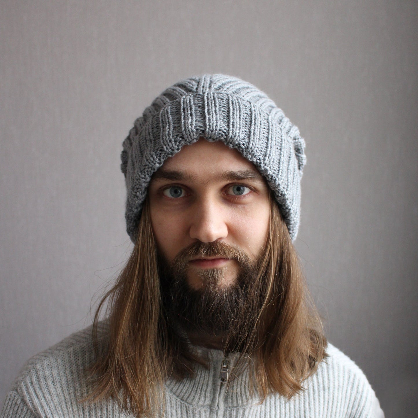 Gray 100% extra-fine merino beanie, Hipster big hair baggy hat