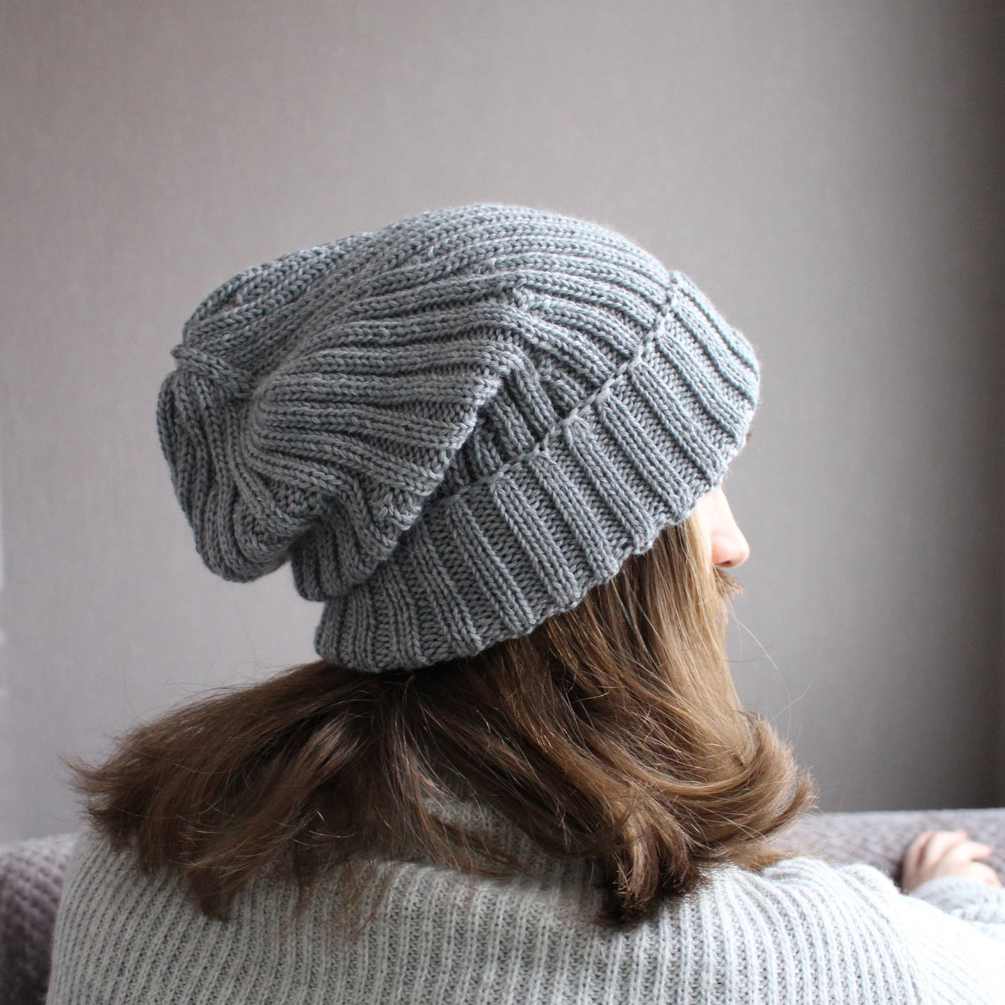 Gray 100% extra-fine merino beanie, Hipster big hair baggy hat