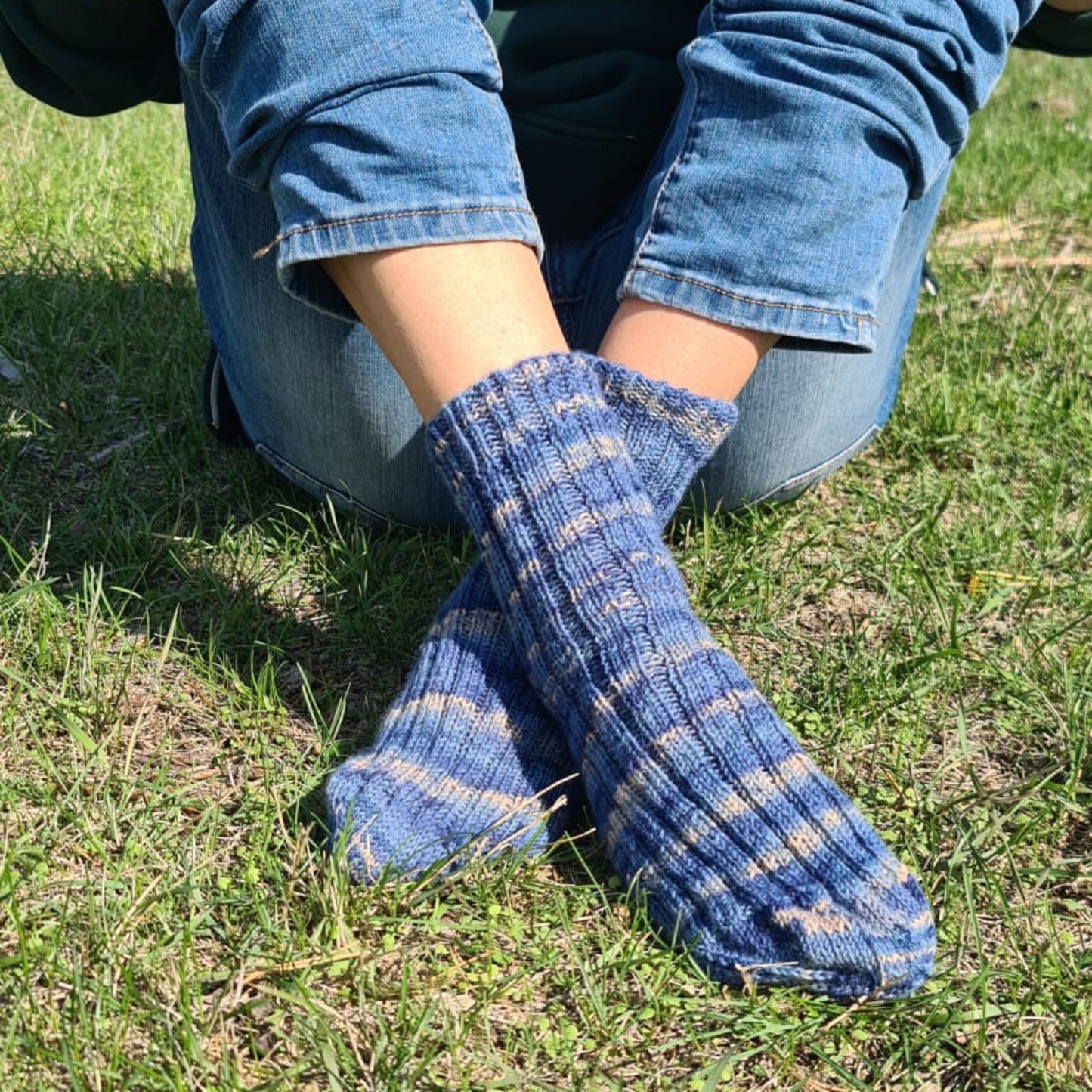 Wool-blend striped blue socks, Warm ribbed quarter socks