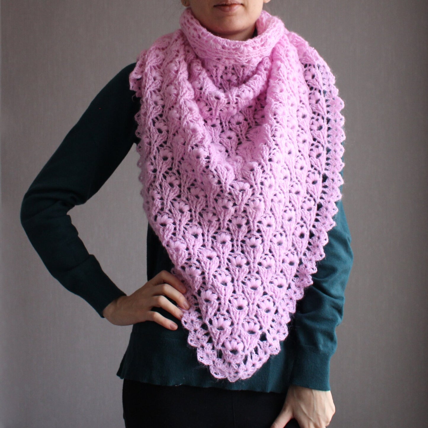 Pink crochet shawl, Warm triangle wrap, Delicate sheer headscarf