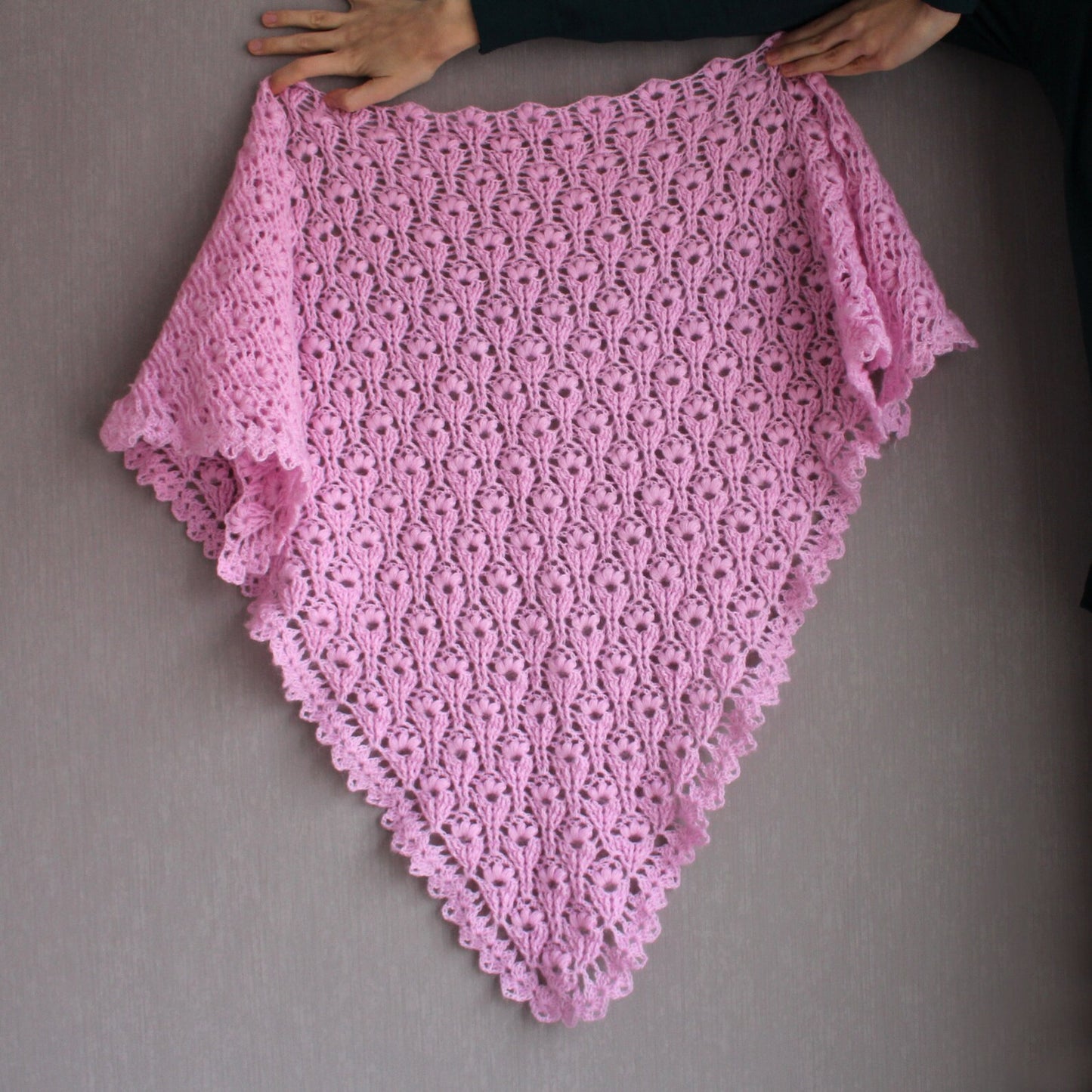 Pink crochet shawl, Warm triangle wrap, Delicate sheer headscarf