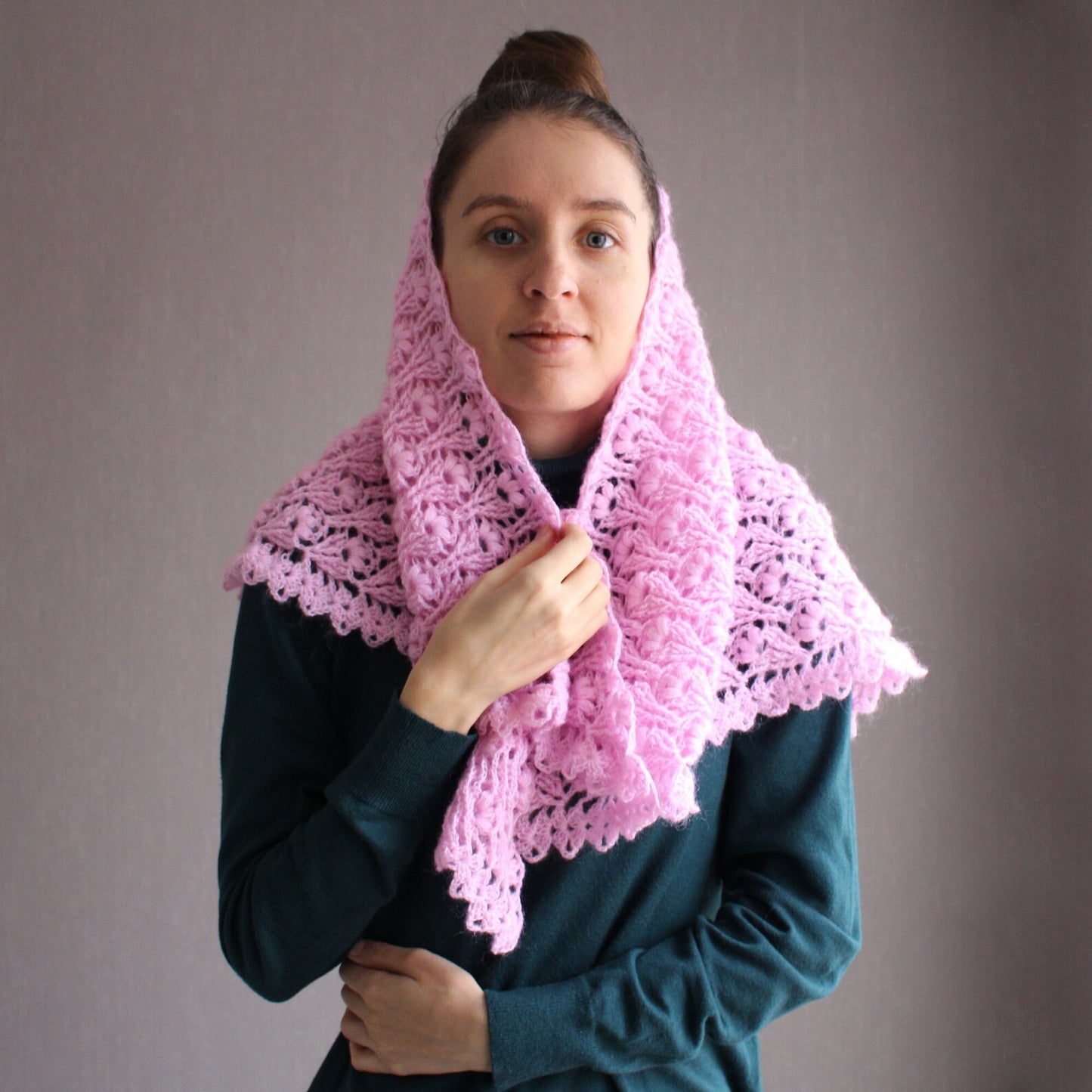 Pink crochet shawl, Warm triangle wrap, Delicate sheer headscarf