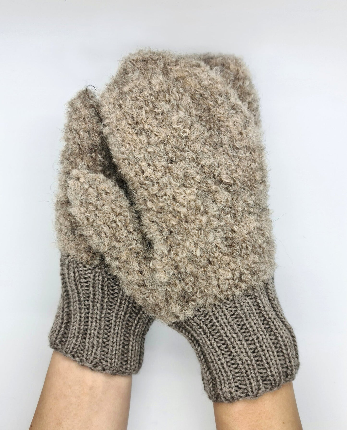 Brown fluffy mittens with a sparkle effect, Cute plush gloves, Alpaca Wool Mohair gloves