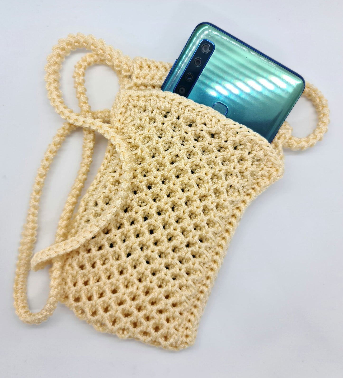 Crossbody mobile phone mini-bag, Crochet macrame purse, Vegan strappy phone case