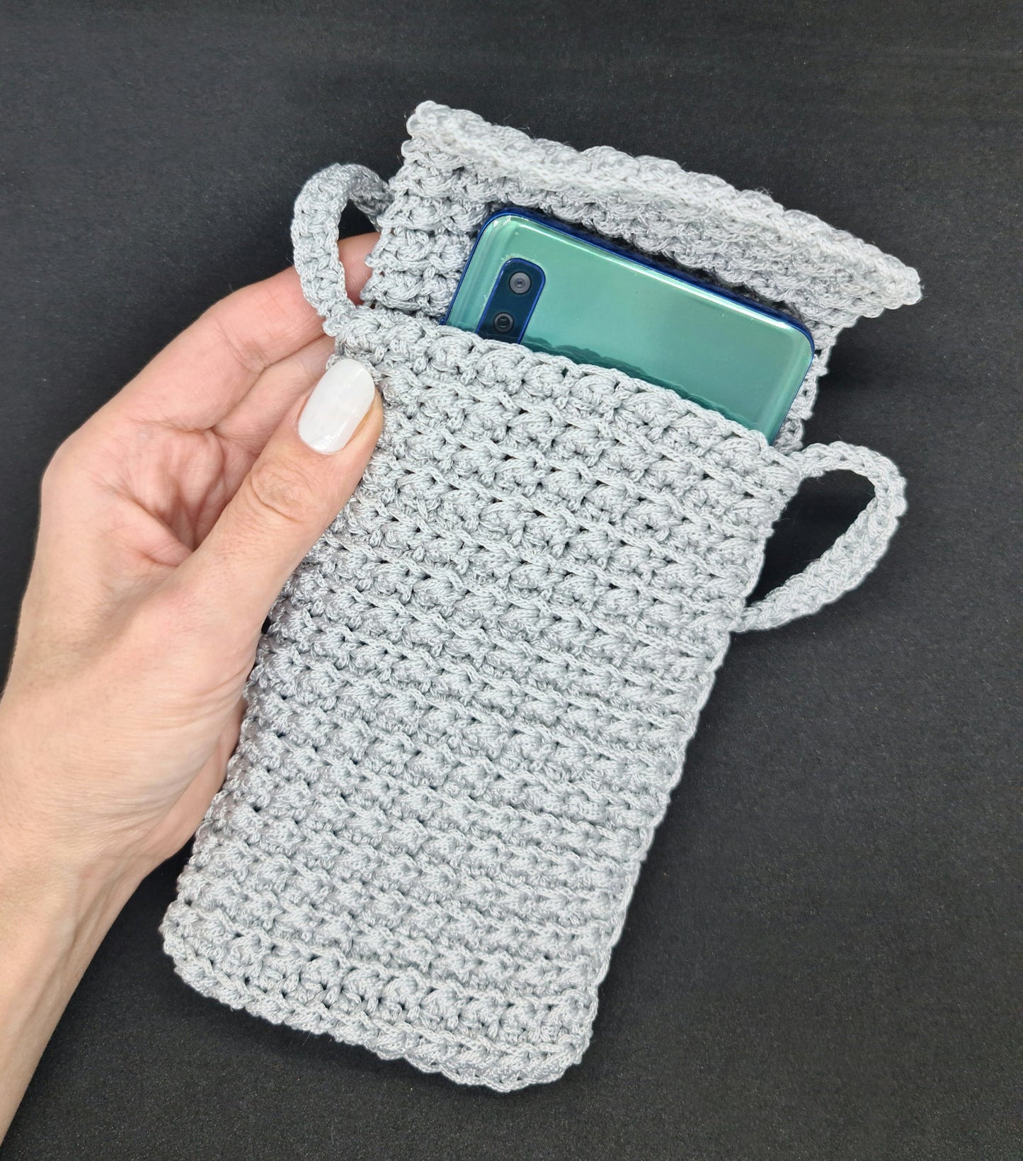 Gray crochet crossbody bag, Macrame textured handbag, Shoulder smartphone mini bag