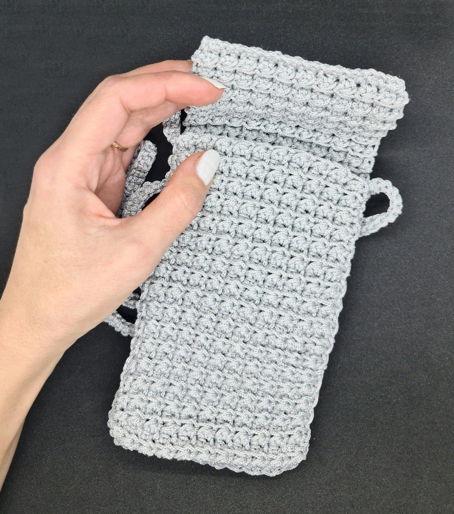 Gray crochet crossbody bag, Macrame textured handbag, Shoulder smartphone mini bag