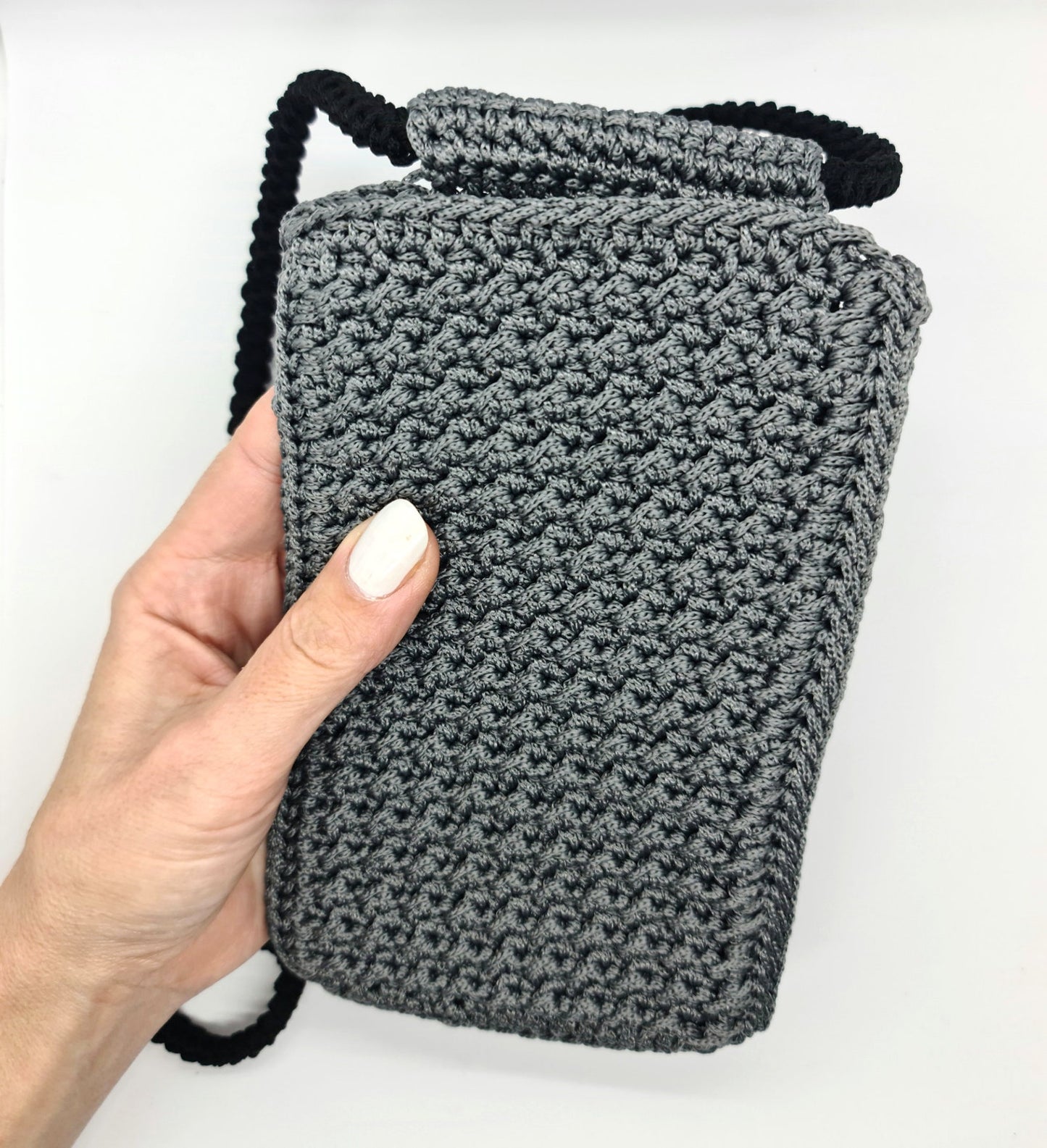 Gray mobile phone pouch, Cute crochet crossbody bag, Macrame textured handbag