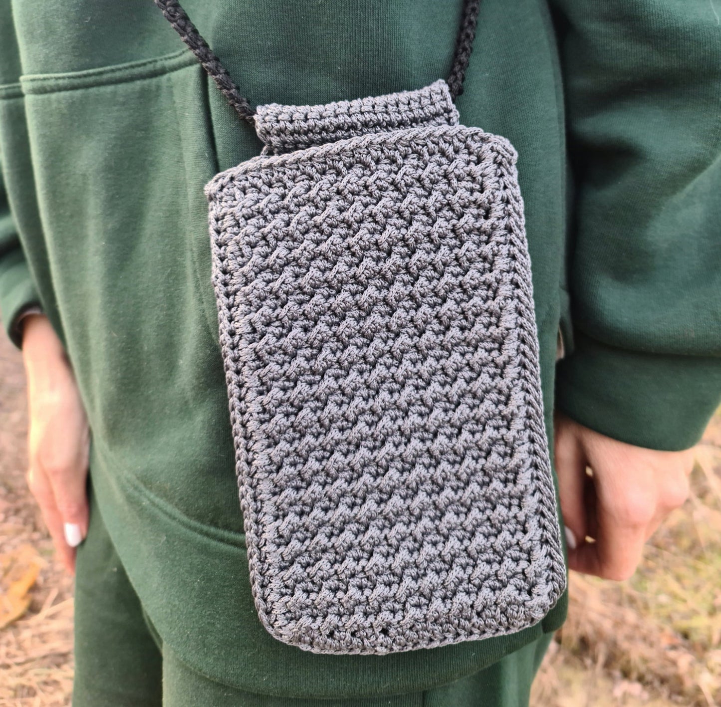 Gray mobile phone pouch, Cute crochet crossbody bag, Macrame textured handbag