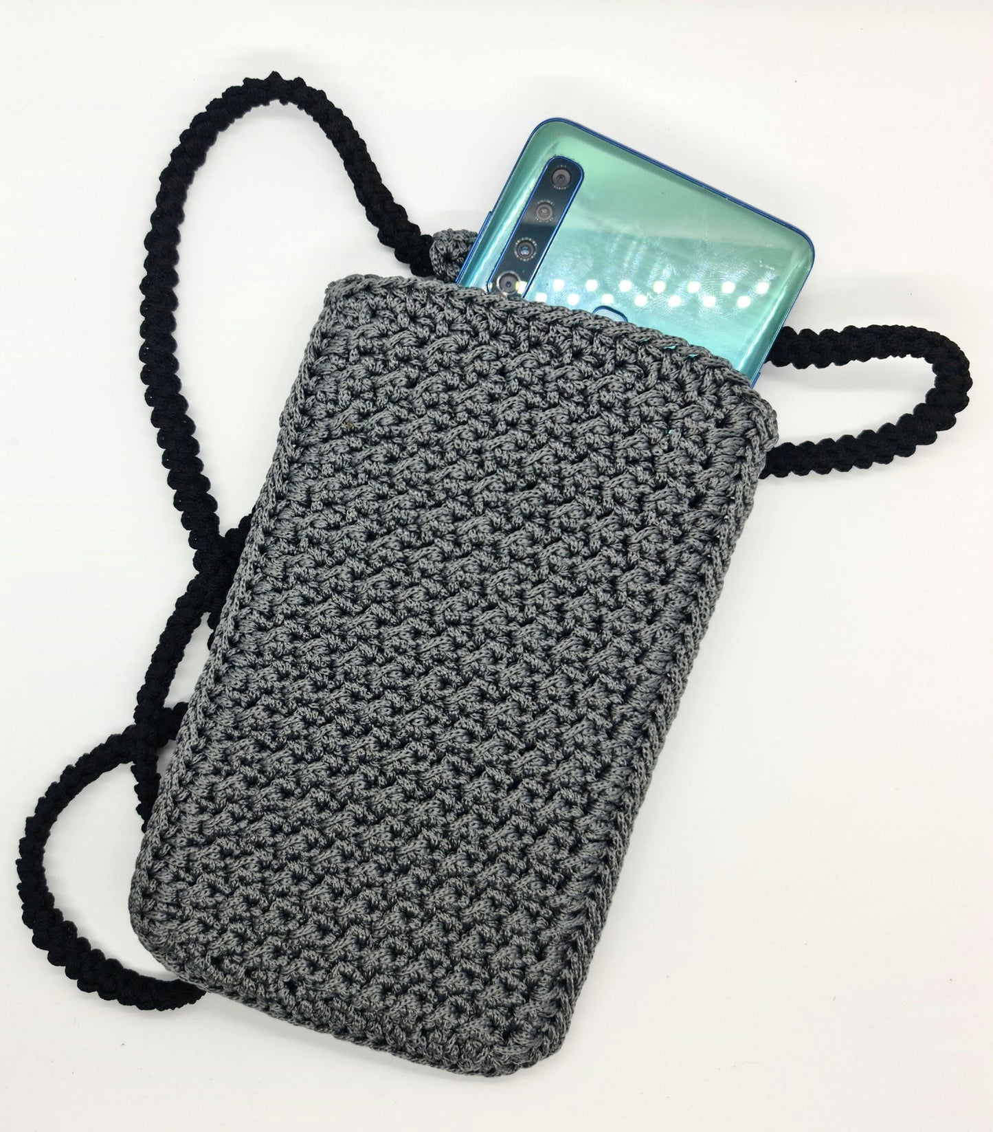 Gray mobile phone pouch, Cute crochet crossbody bag, Macrame textured handbag