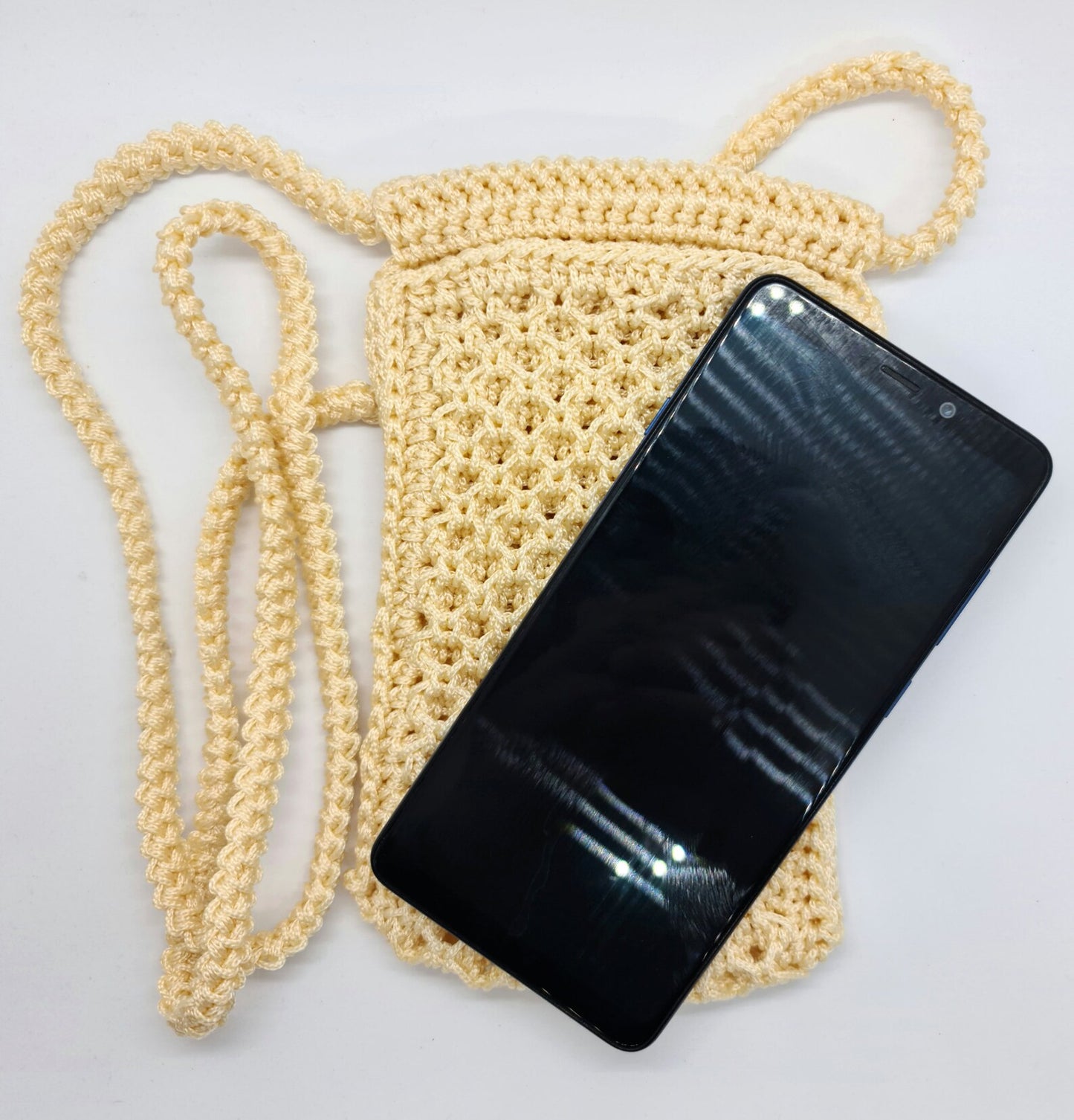 Crossbody mobile phone mini-bag, Crochet macrame purse, Vegan strappy phone case