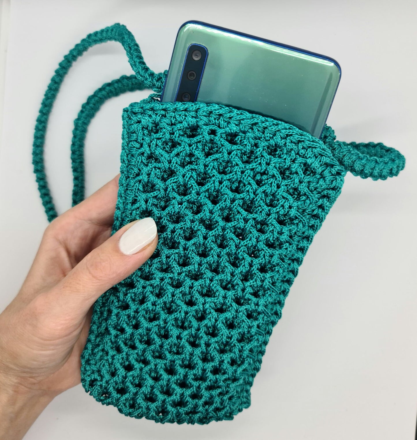 Crossbody mobile phone mini-bag, Crochet macrame purse, Vegan strappy phone case