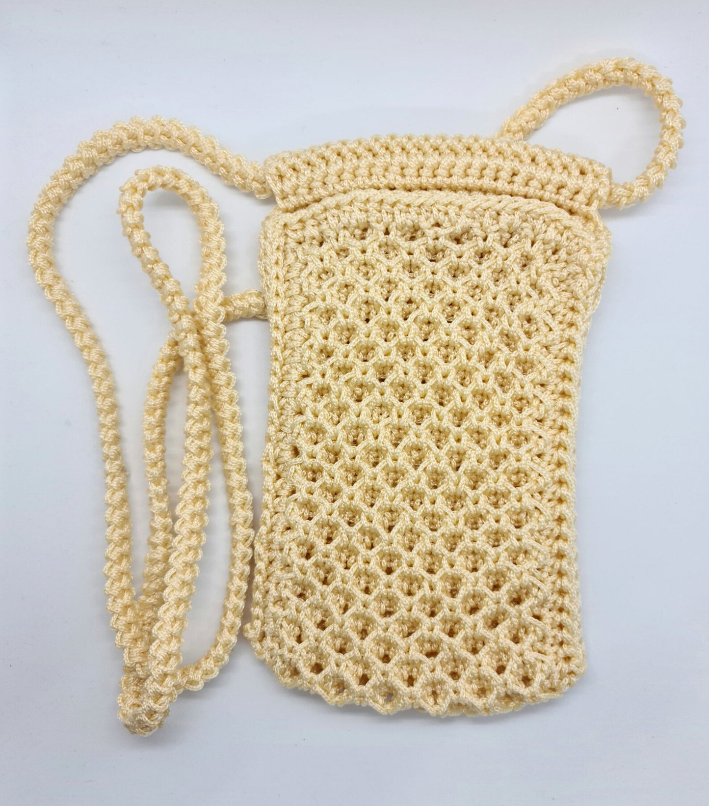 Crossbody mobile phone mini-bag, Crochet macrame purse, Vegan strappy phone case