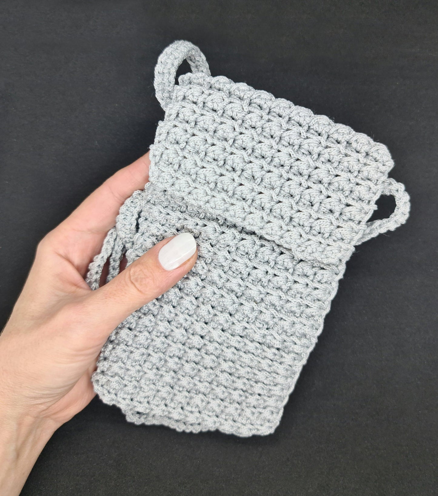 Gray crochet crossbody bag, Macrame textured handbag, Shoulder smartphone mini bag