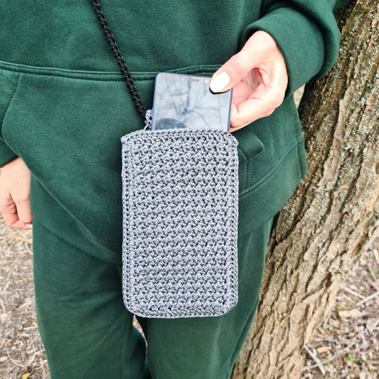 Gray mobile phone pouch, Cute crochet crossbody bag, Macrame textured handbag