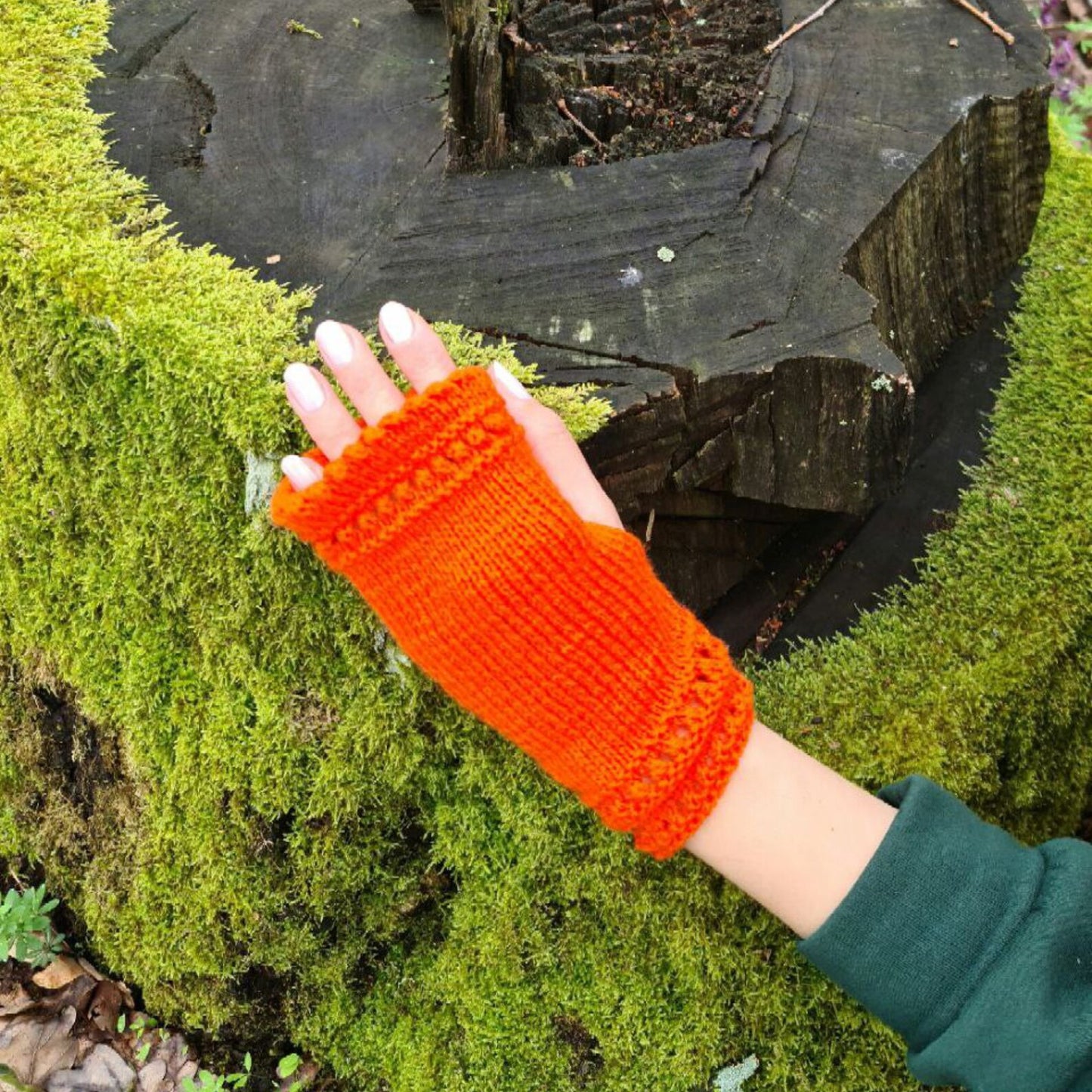 Orange Stretchy Fingerless Gloves, Dog walking mittens