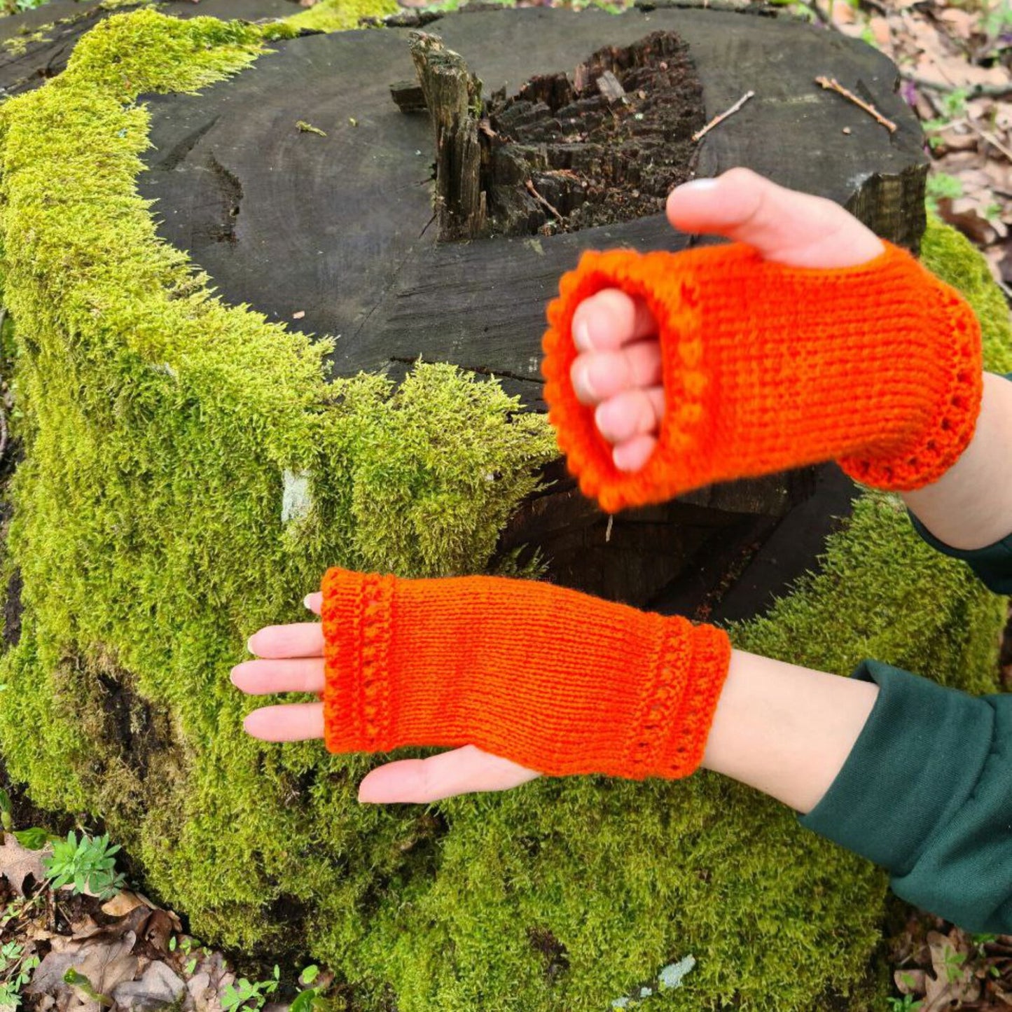 Orange Stretchy Fingerless Gloves, Dog walking mittens