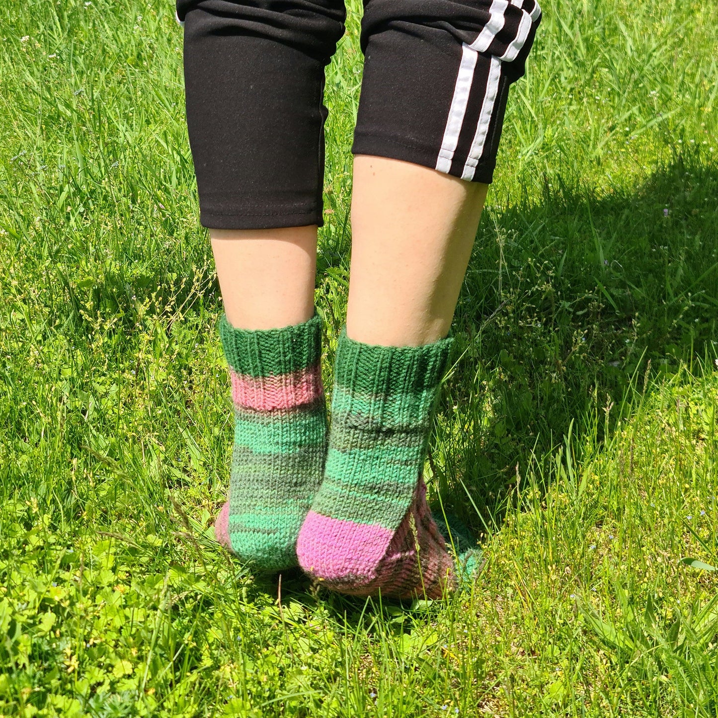 Mismatched wool striped socks, Green and pink ribbed socks