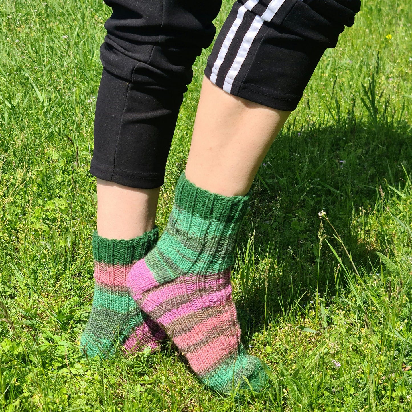 Mismatched wool striped socks, Green and pink ribbed socks