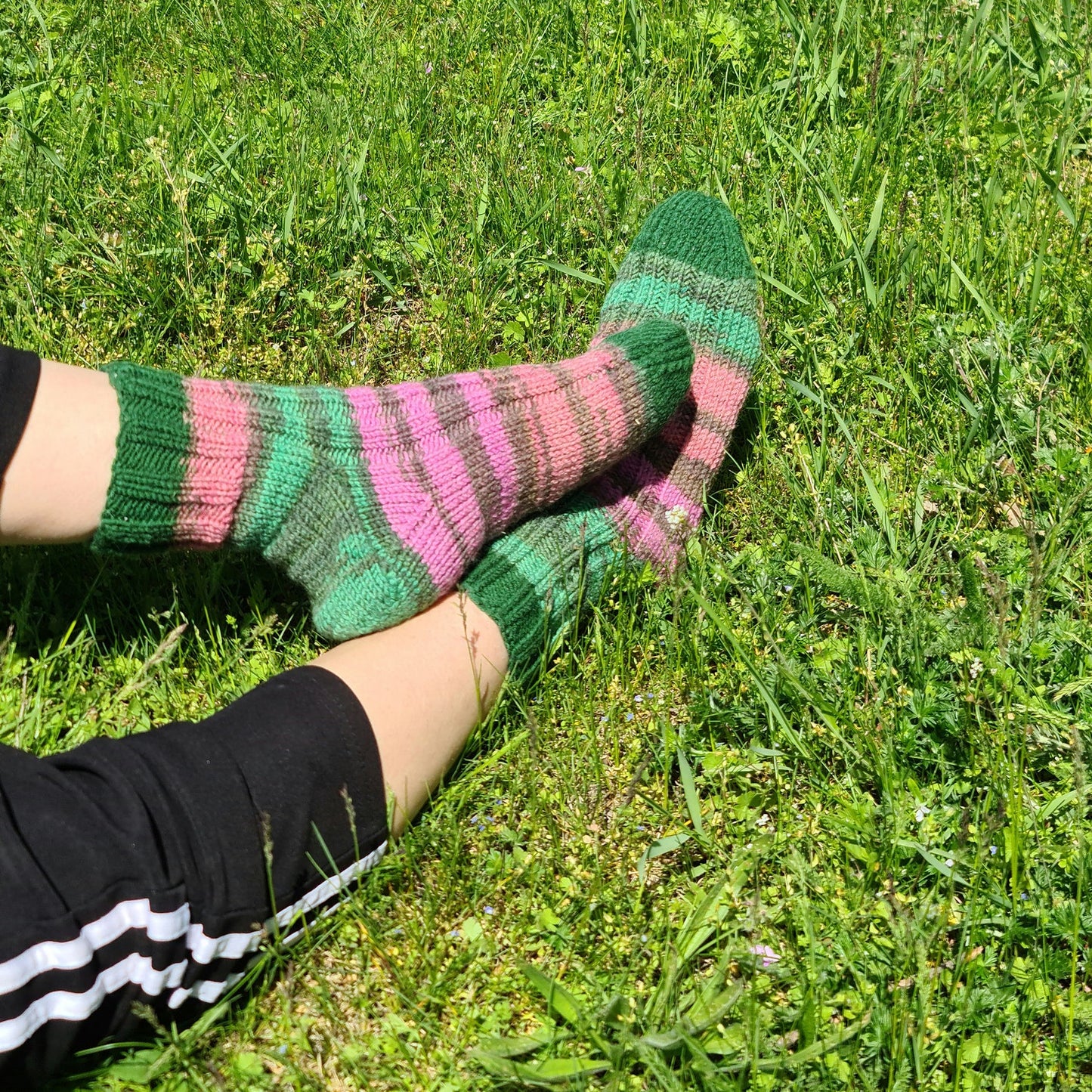 Mismatched wool striped socks, Green and pink ribbed socks