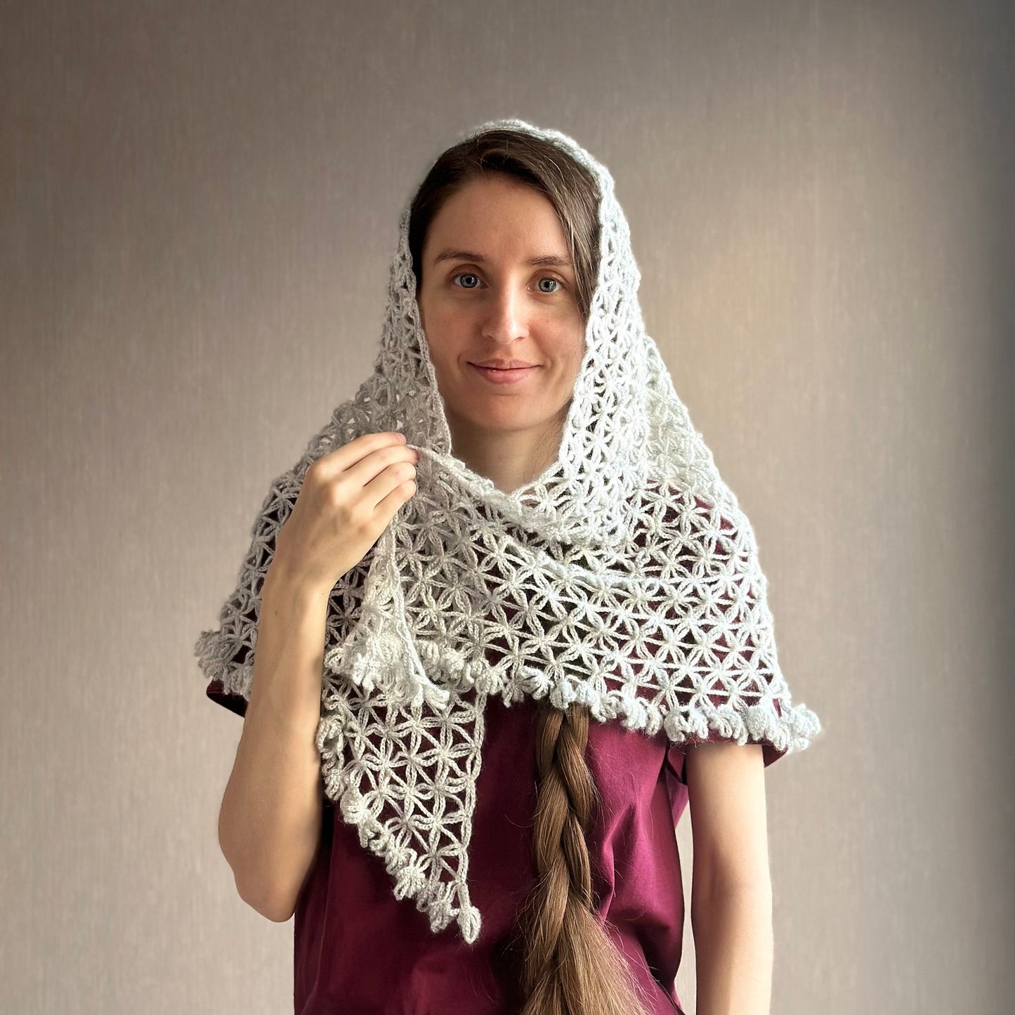Triangle lace shawl in gray
