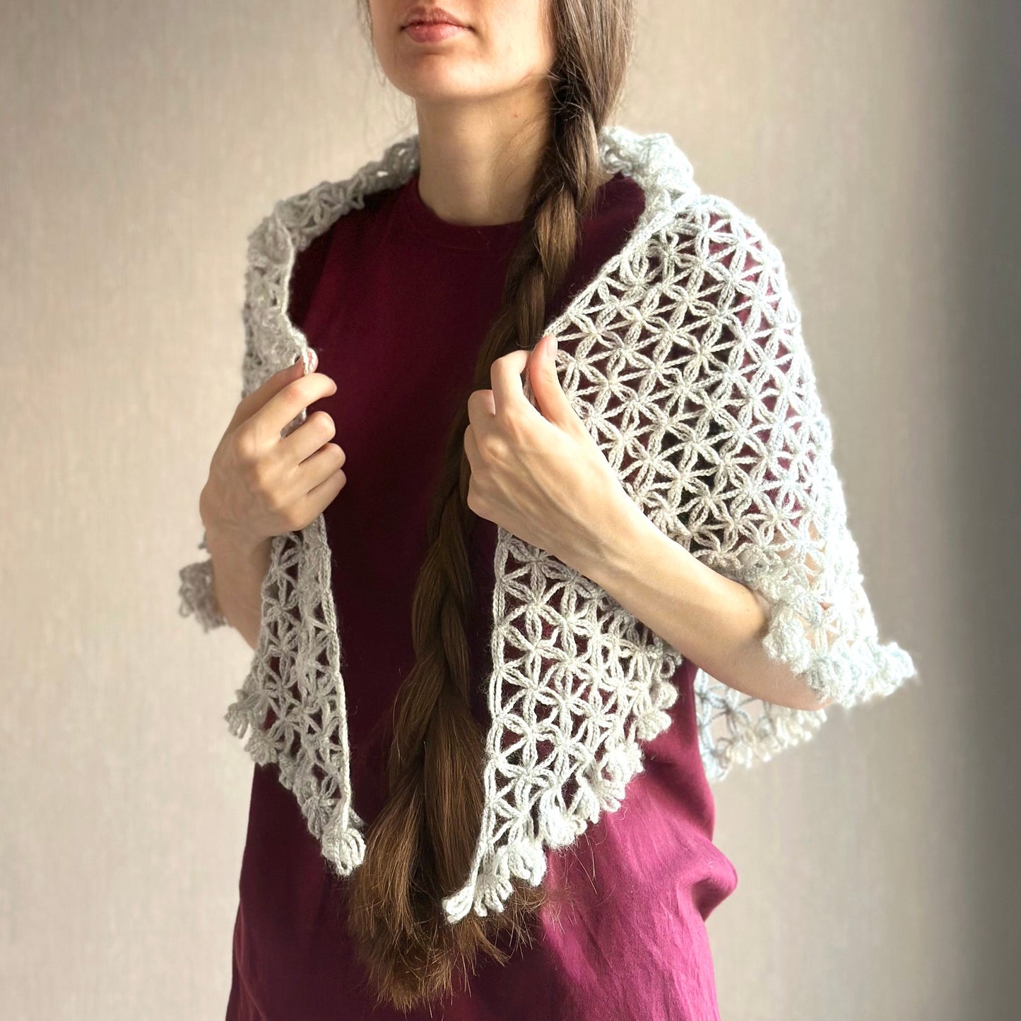 Triangle lace shawl in gray
