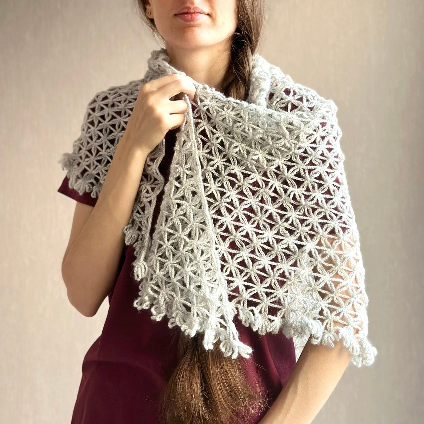 Triangle lace shawl in gray