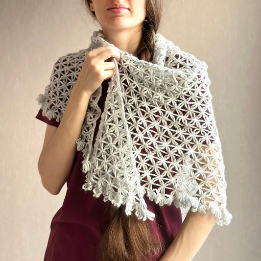 Triangle lace shawl in gray