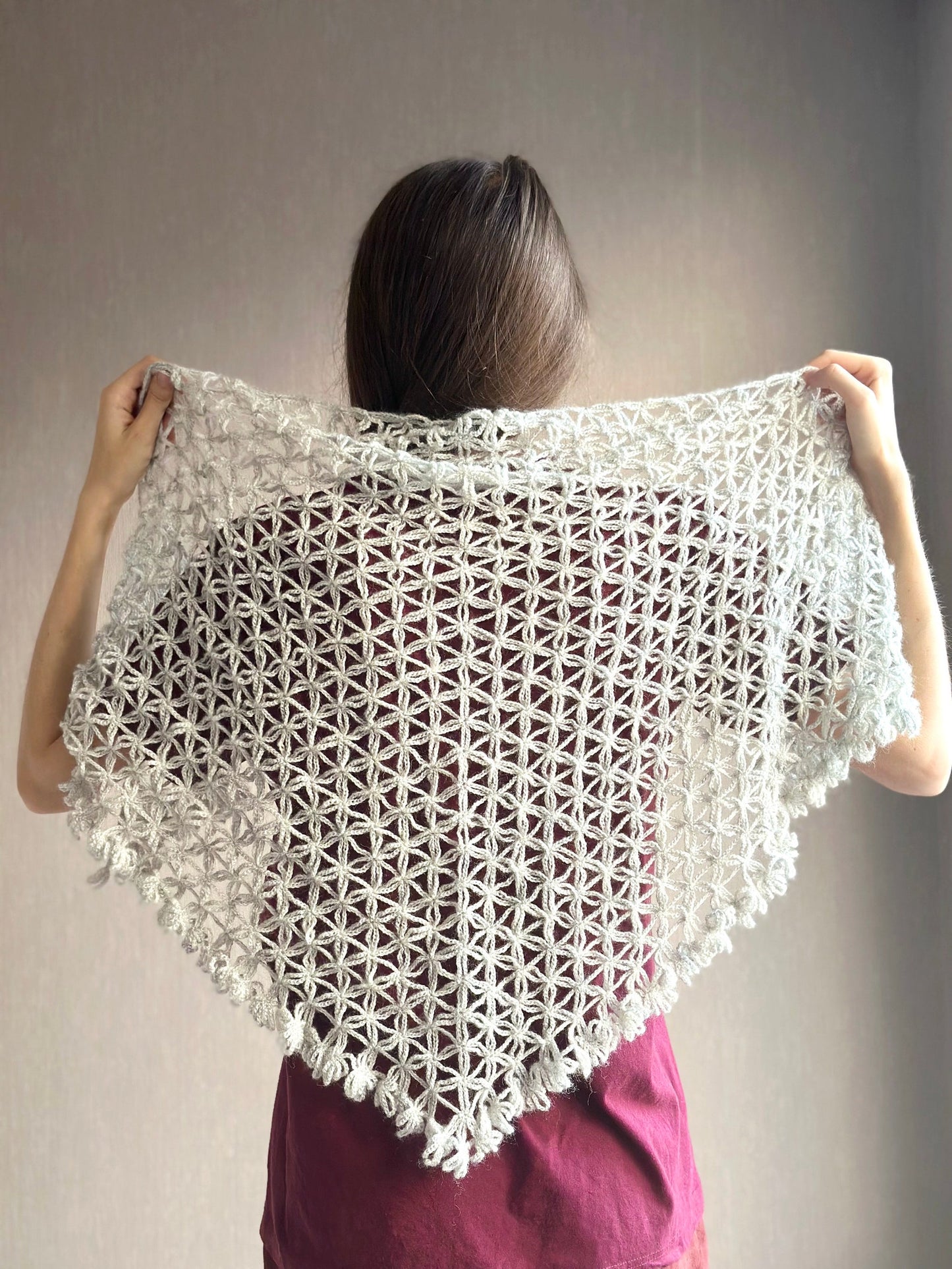 Triangle lace shawl in gray