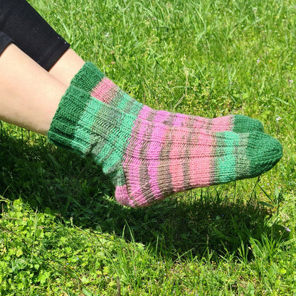 Mismatched wool striped socks, Green and pink ribbed socks