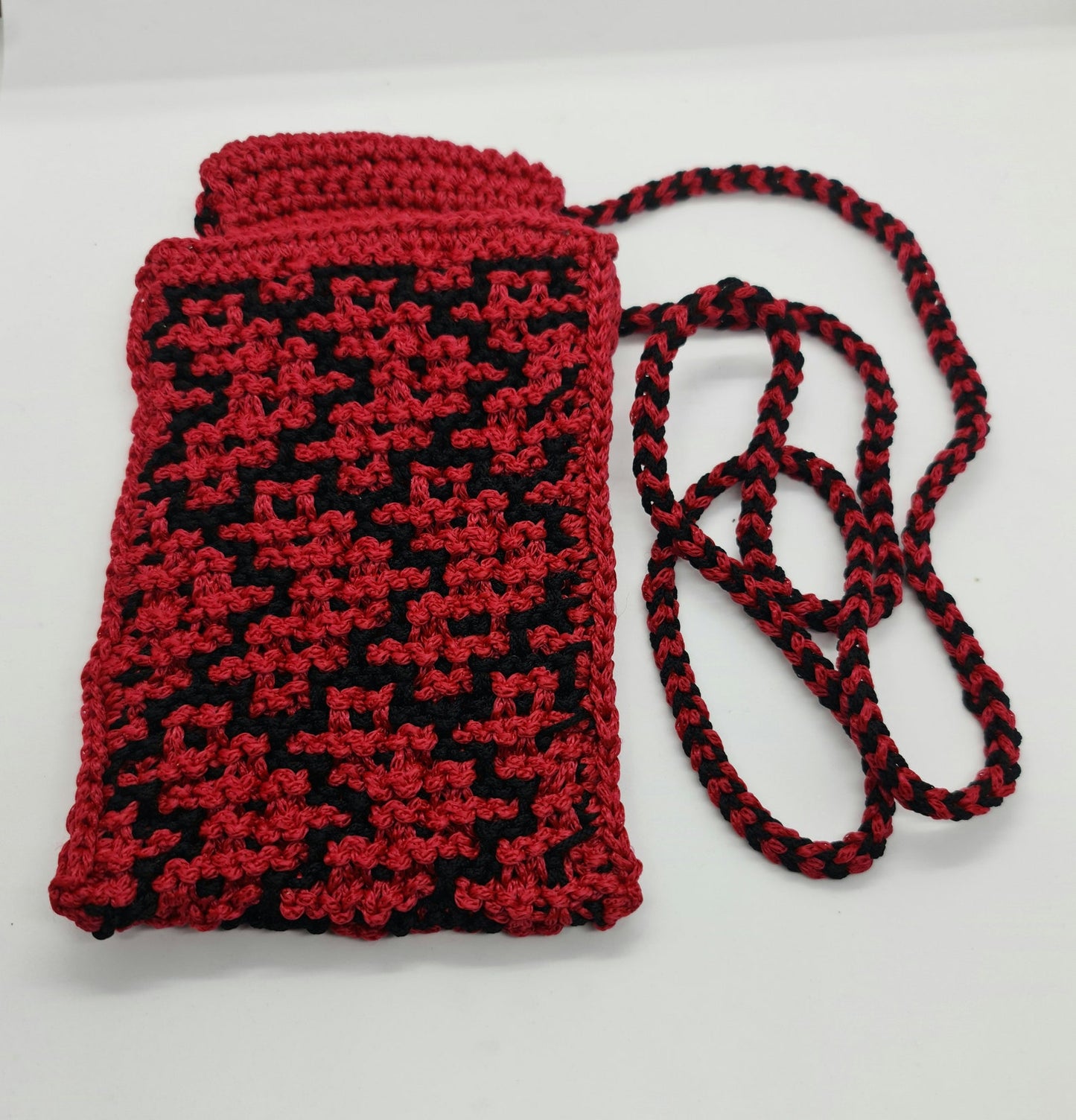 Shoulder smartphone mini bag, Red bag with pixel hearts