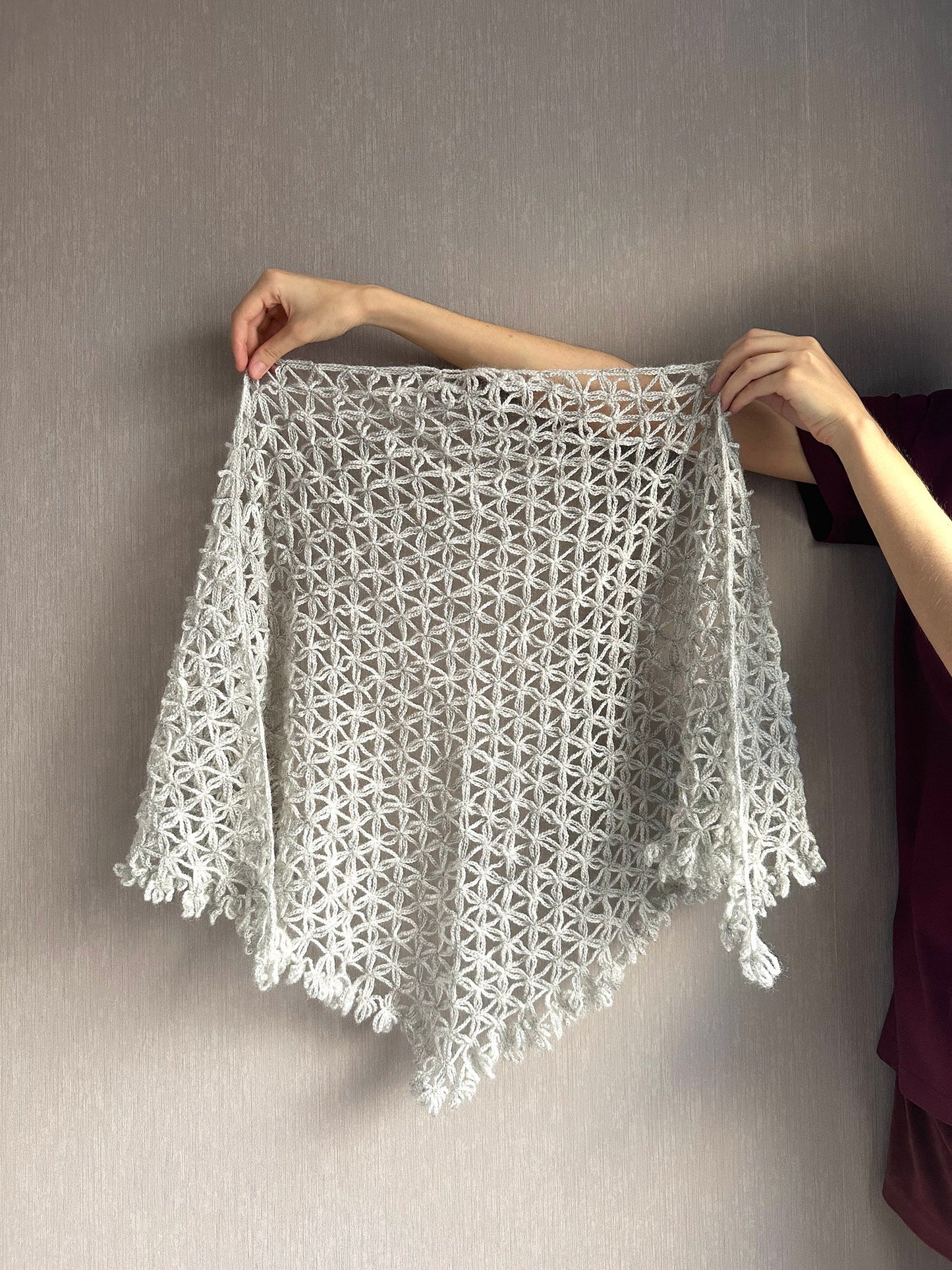 Triangle lace shawl in gray