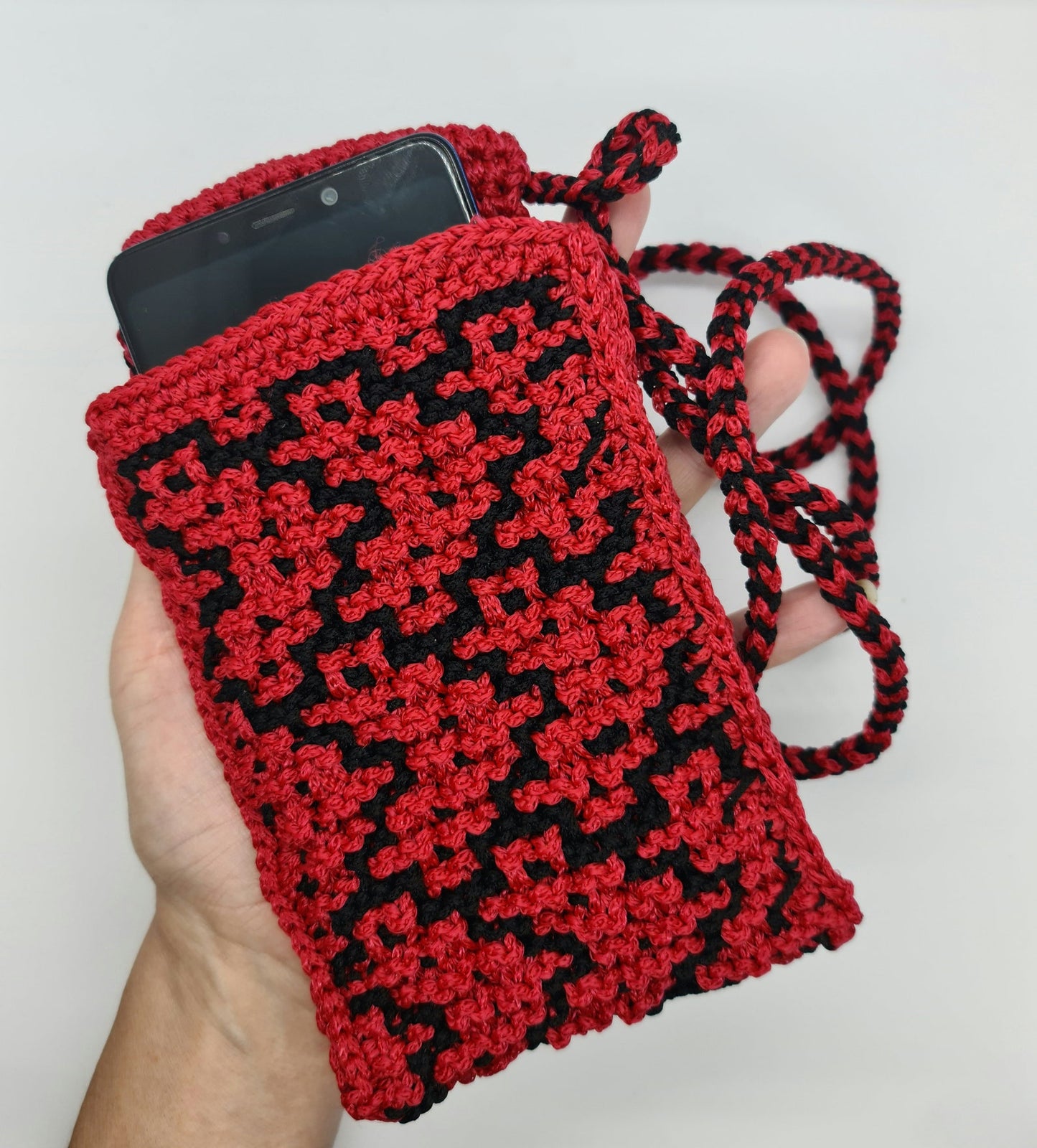 Shoulder smartphone mini bag, Red bag with pixel hearts