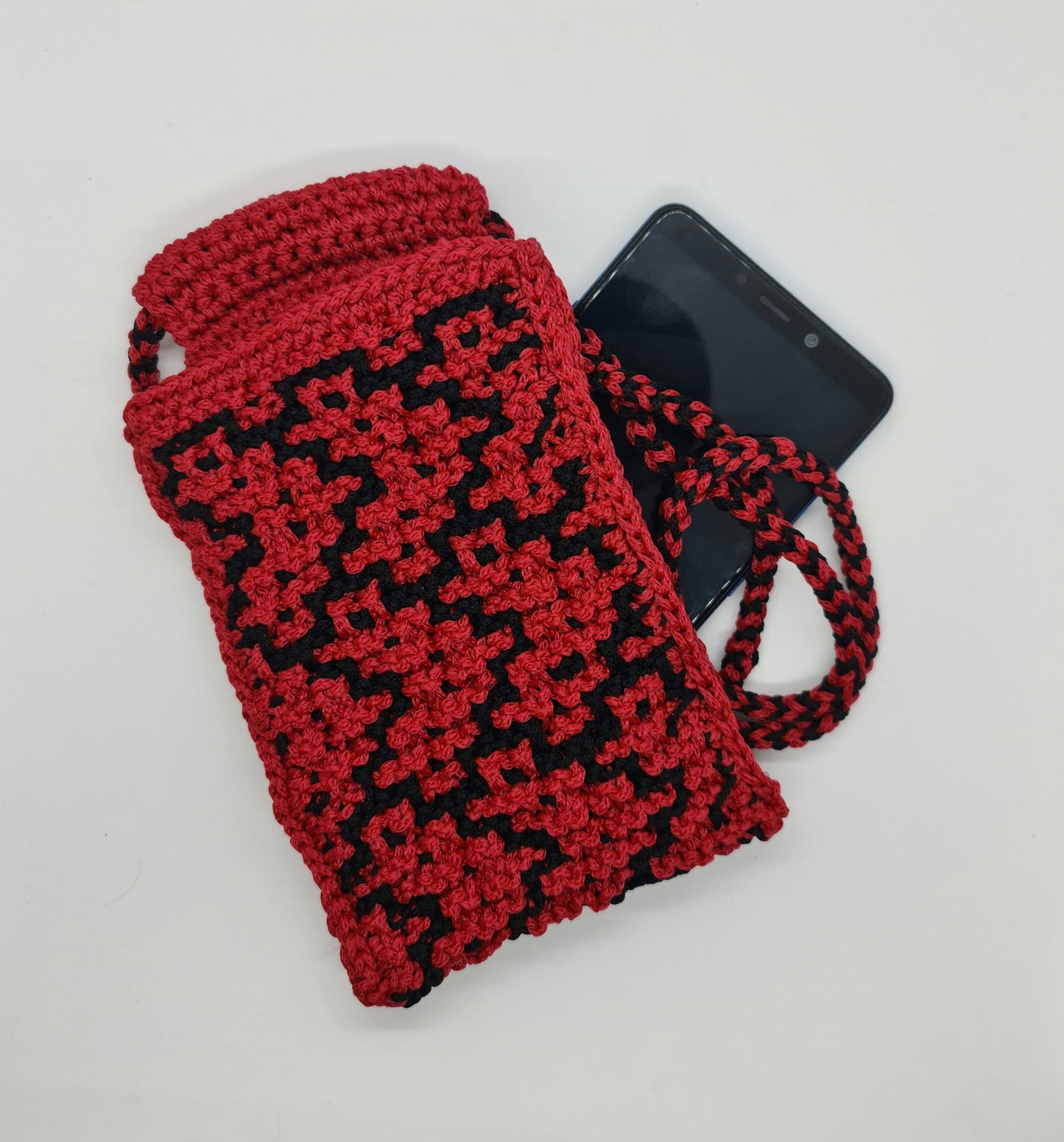 Shoulder smartphone mini bag, Red bag with pixel hearts