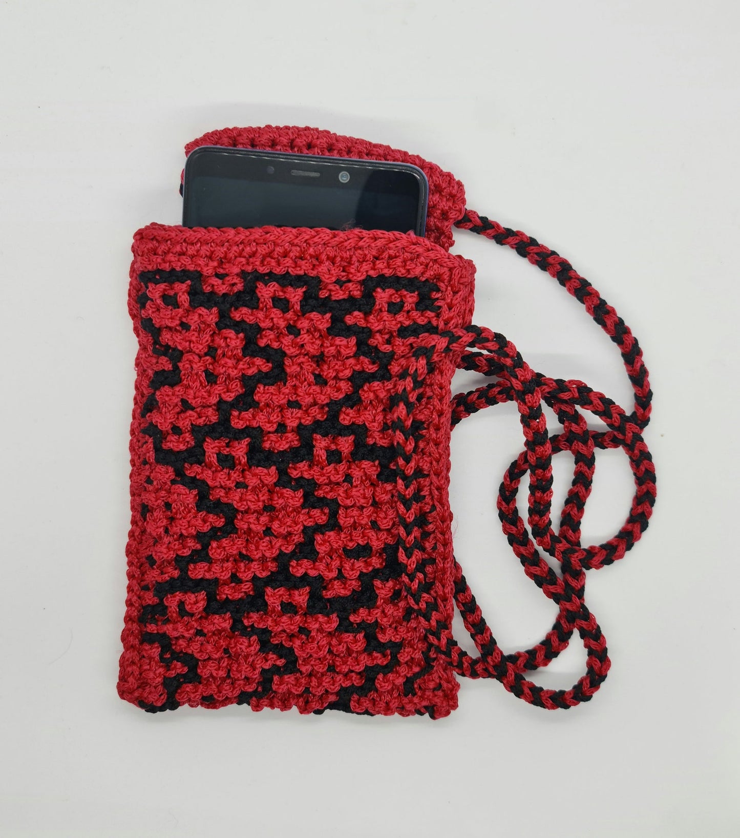 Shoulder smartphone mini bag, Red bag with pixel hearts