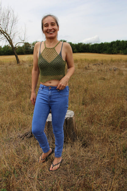 Green See Through Top, Fishnet Cropped Cover-Up