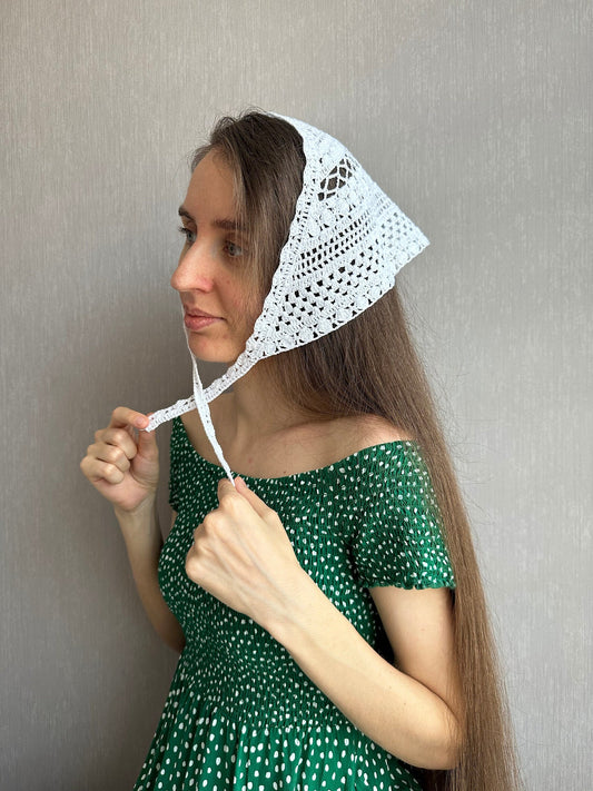 Cottage core triangle bandana, Crochet Hair Scarf Kerchief, Head Accessories