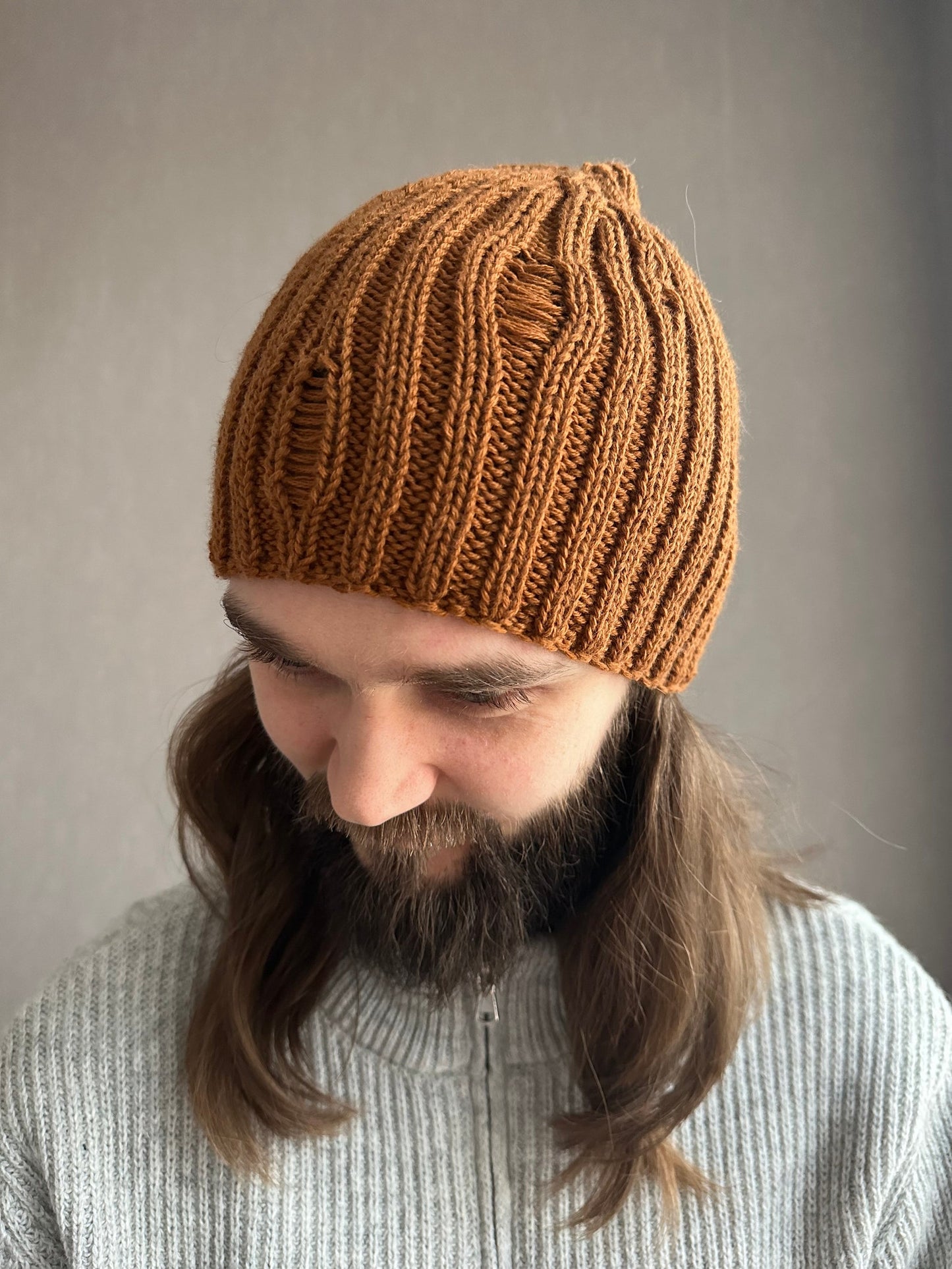 Hip Hop Style Knitted Winter Hat with Distressed Holes, Brown Melon-Shaped Beanie